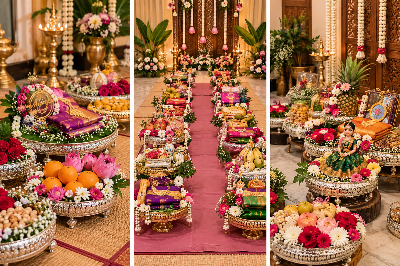 South Indian wedding gift trays arranged with silk sarees, fruit, flowers and ceremonial gifts