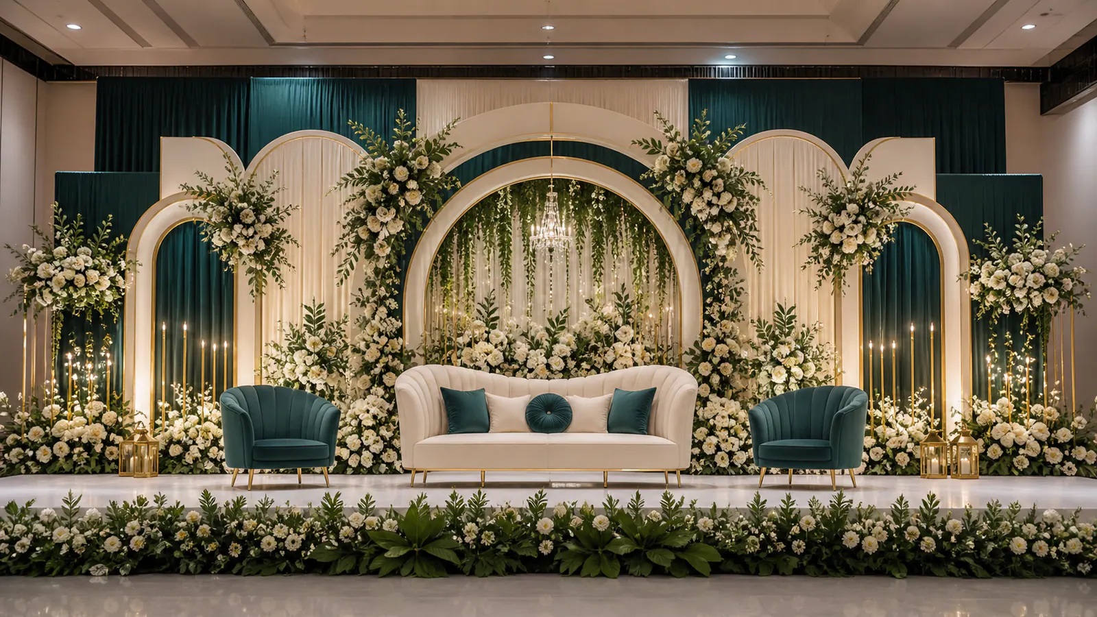 Floral stage decoration with warm lighting