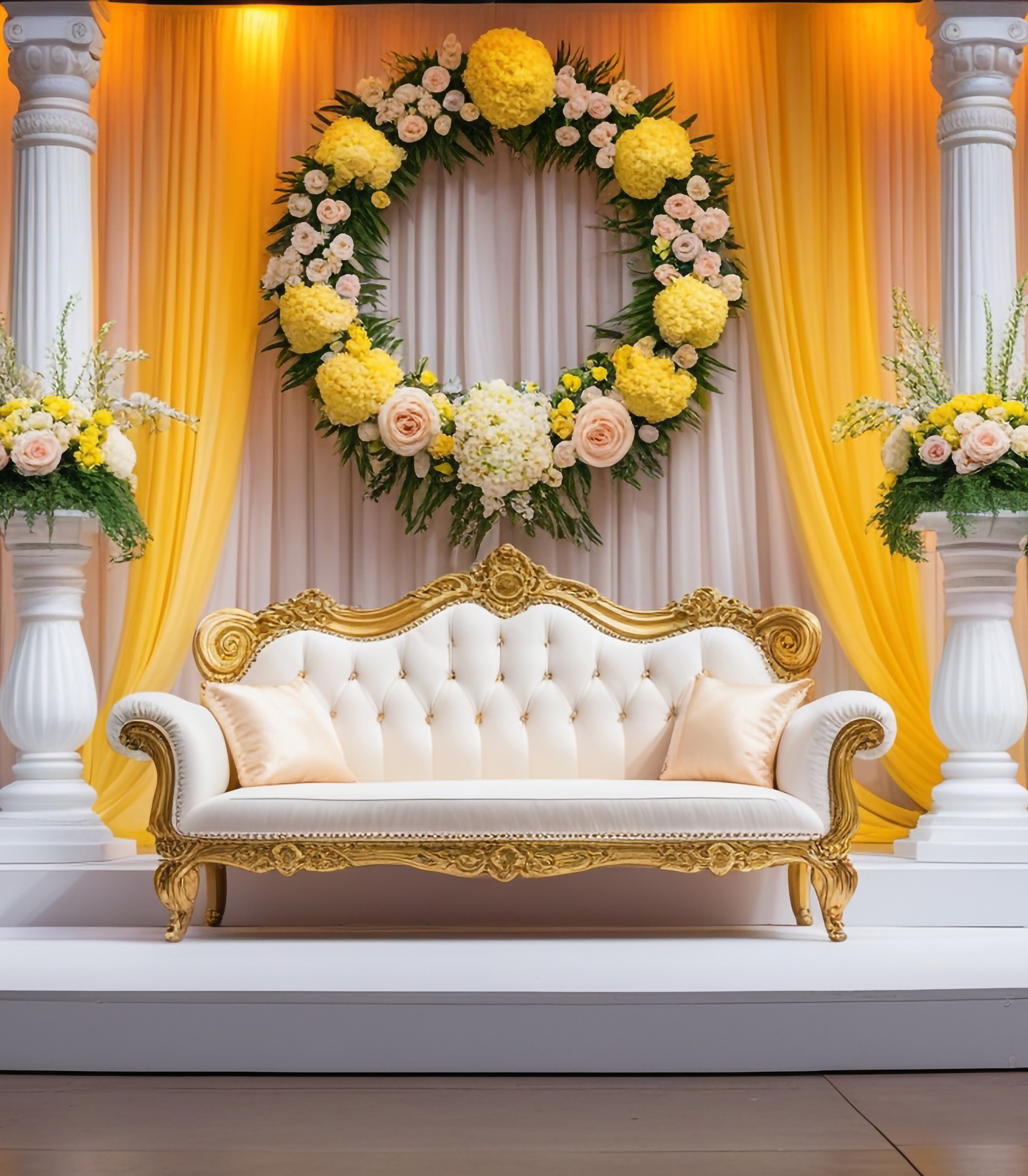 Traditional wedding stage with floral arch